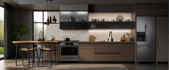 Showcase the power of the Internet of Things with a visually stunning image of a smart home filled with various connected devices and appliances AI, such as smart refrigerators, coffee makers