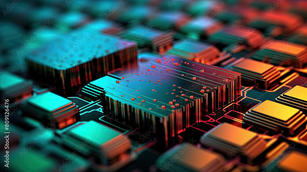 Poster Abstract motherboard structure with blocks and chips in purple and blue neon lights. Technology background with microchips on hardware circuitboard.