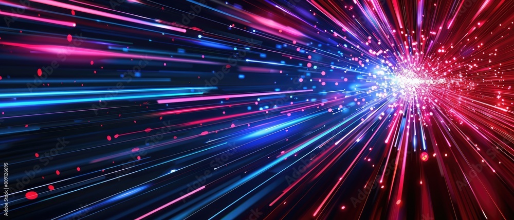 Poster a modern tech-inspired backdrop showcasing red and blue hues, with bursting light lines and a speed-