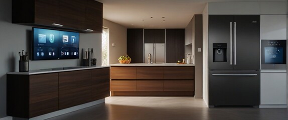 Showcase the power of the Internet of Things with a visually stunning image of a smart home filled with various connected devices and appliances AI, such as smart refrigerators, coffee makers