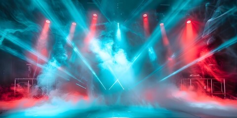 Night club stage with red and blue spotlights laser beams and smoke. Concept Night Club, Stage Lighting, Laser Beams, Smoke Effects, Party Atmosphere