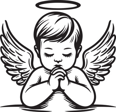 recommend clip art: little baby angel praying vector and line art silhouette illustration white background - Generative AI