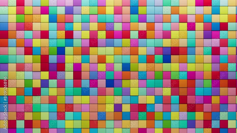 Poster 3d render background of a wall made of multi-colored cubes that move back and forth in a loop in 4k 