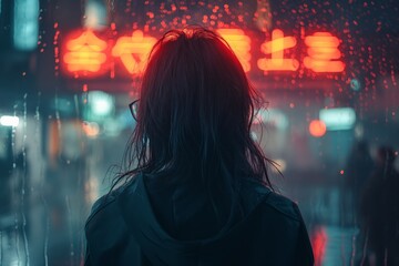 Fototapeta premium Rear view of woman facing neon cityscape