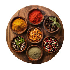 Different Kinds of Spices on Wooden Circle Shape on Transparent background - Ai Generated