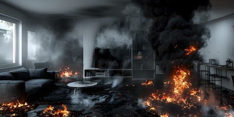D Visualization of a House Fire with Black Smoke and Flames Engulfing Room, TV, and Furniture. Concept House Fire Visualizations, Black Smoke Effects, Flames Engulfing, Room Destruction