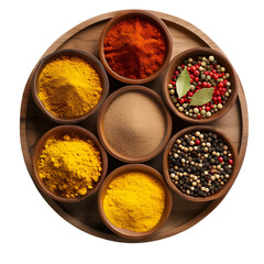Different Kinds of Spices on Wooden Circle Shape on Transparent background - Ai Generated