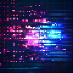  Neon background with pixel glitches and flickers. futuristic geometric cyberspace. Hi-tech concept. Vector colorful pixel effect background.