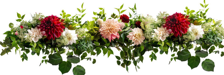 set of table centerpieces with hydrangeas, dahlias, and ranunculus surrounded by ivy, isolated on transparent background