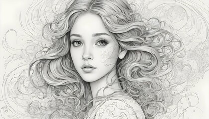 Craft a line art portrait of a girl with a serene