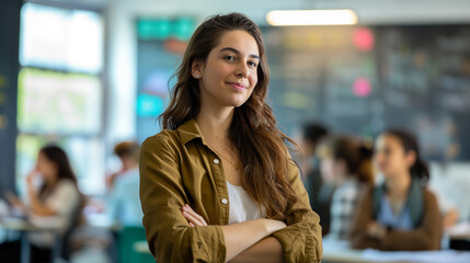 Within the modern classroom setting, a young teacher stands poised and ready, her enthusiasm contagious as she prepares to lead her students on an educational journey filled with e