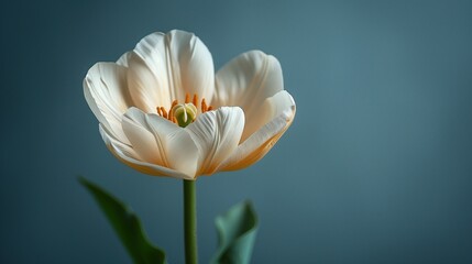 close up of a tulip in full bloom isolated on blue background