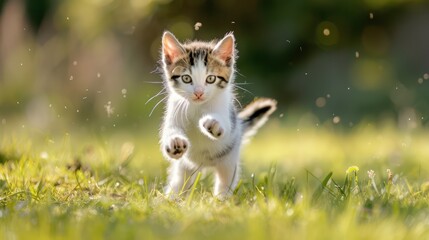 This heartwarming image captures a spirited kitten with bright eyes bounding towards the viewer through a sunlit grassy field
