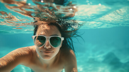 Beneath the tranquil surface of the sea, a woman swims with effortless grace, her sunglasses perched atop her nose as she explores the hidden treasures of the ocean depths, her smi