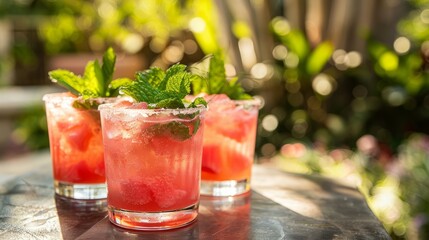 Refreshing watermelon drinks and slices on a wooden table, framed by lush greenery, ideal for summer and refreshment themes.