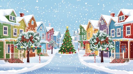 Illustration of a snowy Christmas village with multicolored buildings and festive decorations, suitable for holiday-themed advertisements.