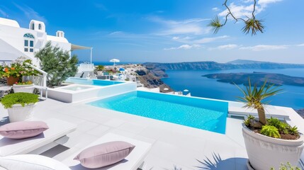 Fototapeta premium Luxurious infinity pool with a stunning view over the ocean, ideal for high-end travel and real estate marketing.
