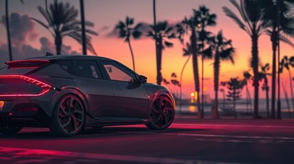 A stylish high-performance car parked on a road near palm trees with sunset colors in the background