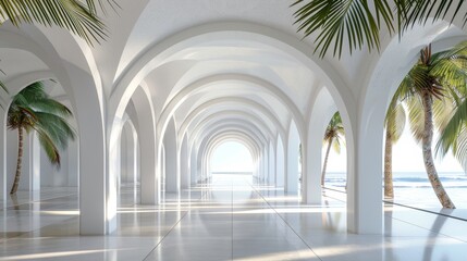 Architectural corridor with tropical plants, ideal for architectural design and eco-friendly building concepts.