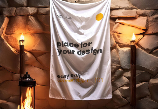 Flag hanging on rock wall with fire mockup 03 Generative Ai