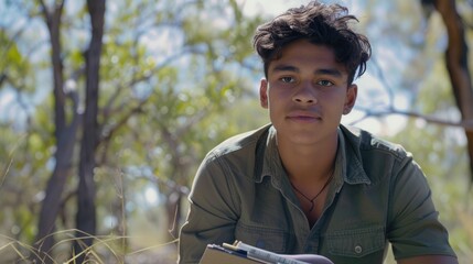 The picture of the australian teenager immersed in drawing wildlife animals in the vast savanna, the scene likely shows the teenager focused and surrounded by beauty and diversity of savanna. AIG43.