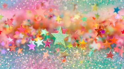 Seamless pattern. Colorful star confetti on a glittery background, perfect for festive decorations and joyful themes.