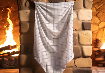 Flag hanging on rock wall with fire mockup 02 Generative Ai
