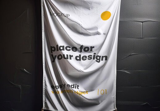 Flag well illuminated hanging on a dark wall mockup 02 Generative Ai