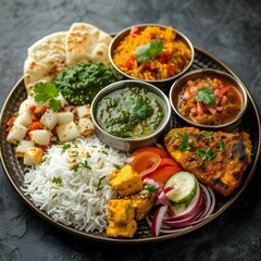 Vibrant and Enticing Indian Thali Meal Platter on Single Plate Traditional Culinary Presentation Concept with Copy Space