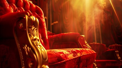 Rich red velvet theater seats bathed in golden spotlight, elegant and luxurious.