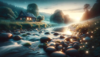Mystical river flowing by a glowing cottage in a lush forest at sunset, sparkling with fireflies.