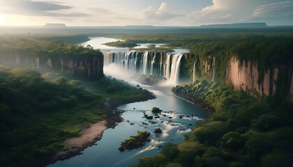 Expansive waterfall flows through a lush jungle setting, reflecting the early morning light.