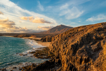 Playa de Papagayo beach coastline sunset view, Playa Blanca, Lanzarote, Canary Islands, Spain