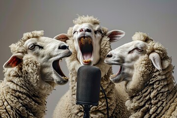 Duo of hysterical sheep laughing with recording microphone