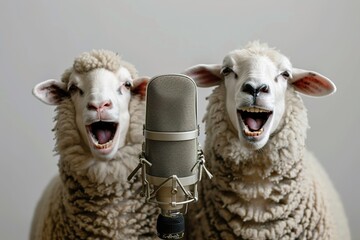 Duo of hysterical sheep laughing with recording microphone
