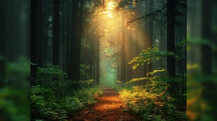 A path winds through a dense forest, illuminated by sunlight filtering through the trees