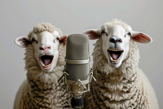 Duo of hysterical sheep laughing with recording microphone