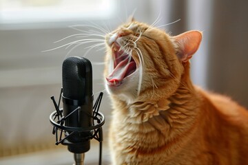 pet, cat singing with microphone about in house