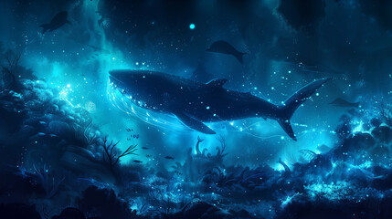 Fototapeta premium Bioluminescent reef & fish light up the abyss. Ethereal & otherworldly.