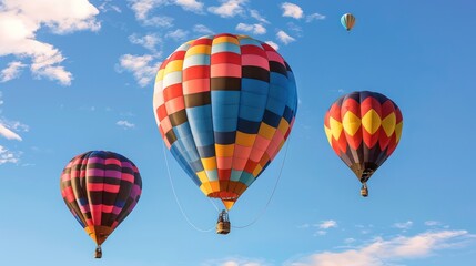 Naklejka premium Three vibrant hot air balloons with colorful patterns soaring in a clear blue sky, conveying a sense of adventure and freedom