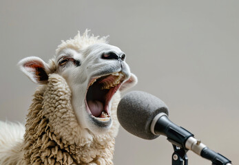 close-up, hysterical sheep laughing with a recording microphone