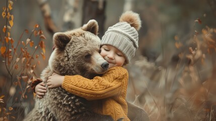 A child hugs a bear in the forest. Selective focus.