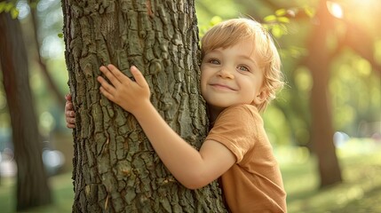 A child hugs a tree in the forest. Selective focus.