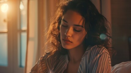 Fototapeta premium A young woman is seen in contemplation with sunlight casting a soft glow on her face
