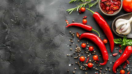 A close up of a variety of spices and peppers on a counter