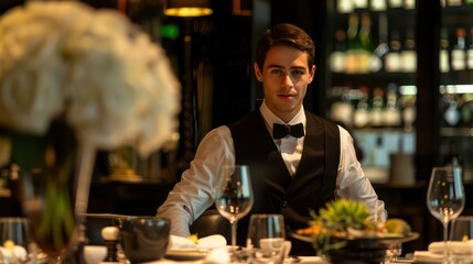 A portrait of a professional waiter standing at his workplace with an elegant dining setup in the background