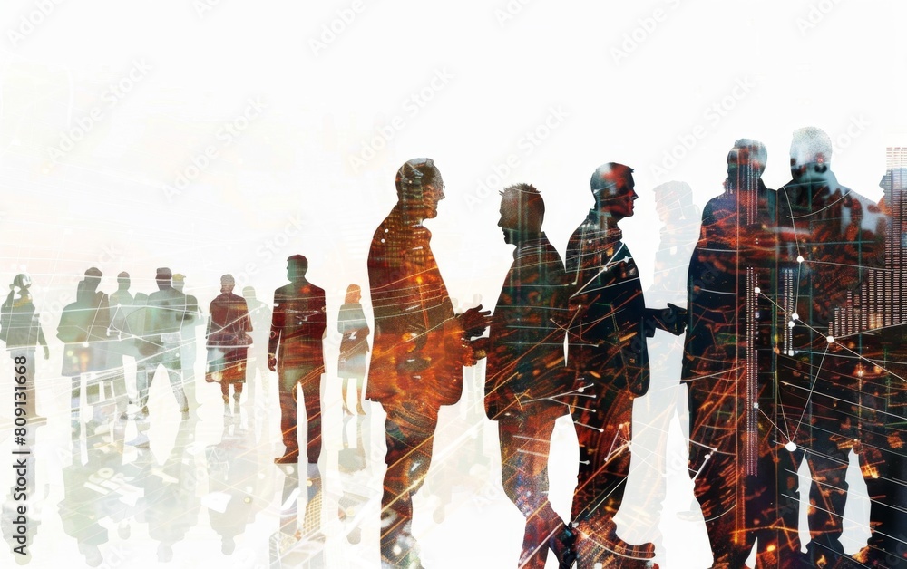 Poster double exposure techniques depicts business people shaking hands and standing in groups, with digita