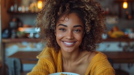 The young woman with dyed hair is sitting near the table while eating a yummy dish near an African American friend while eating breakfast in a cozy apartment. - Powered by Adobe