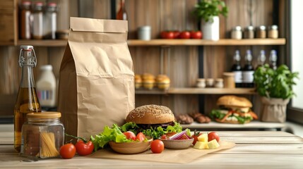 Hamburger and shopping bag in the kitchen