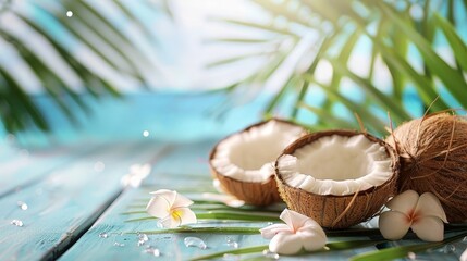 A coconuts on a wooden table.
